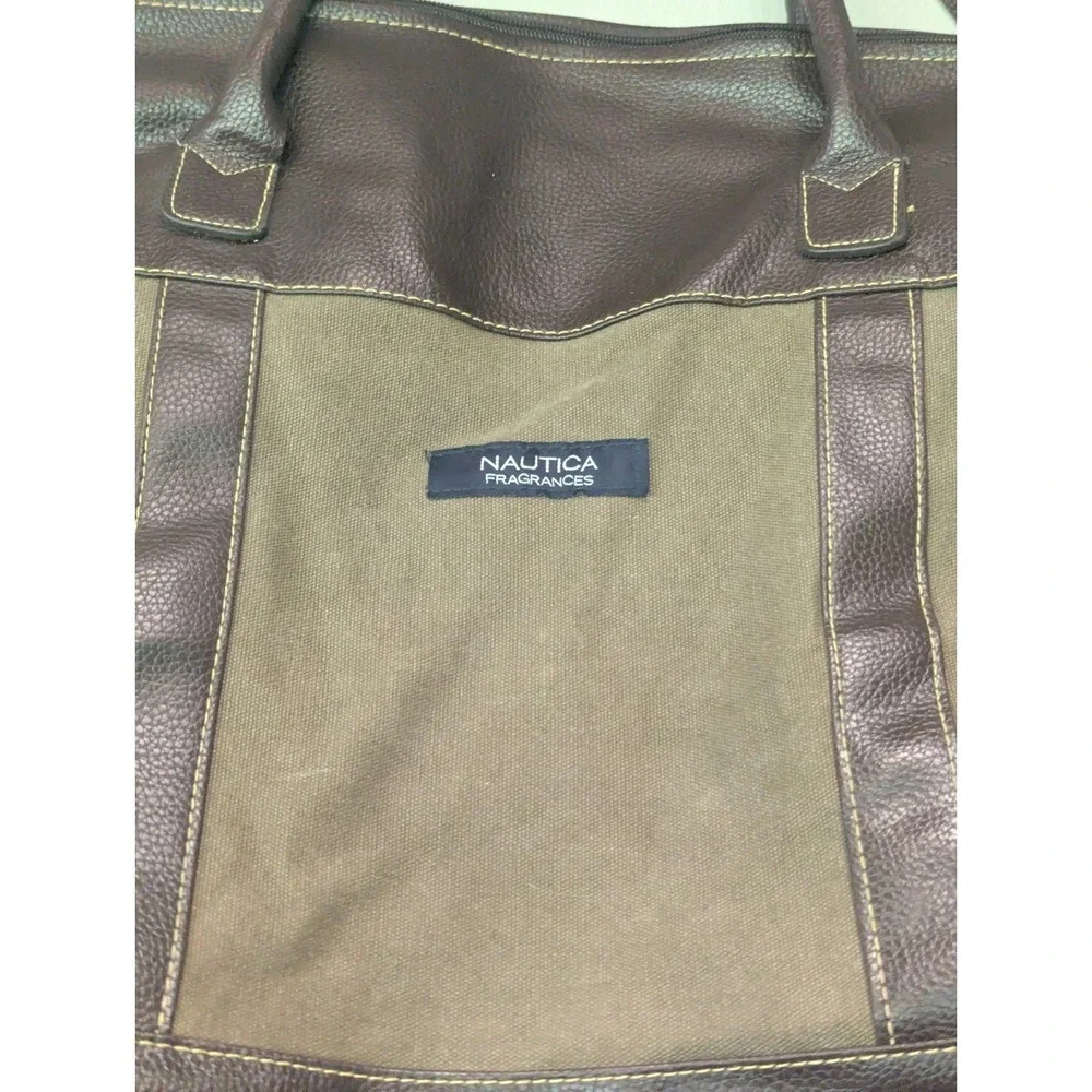 Nautica Fragrances Large Brown Army Olive Green Canvas Travel Duffel Message Bag